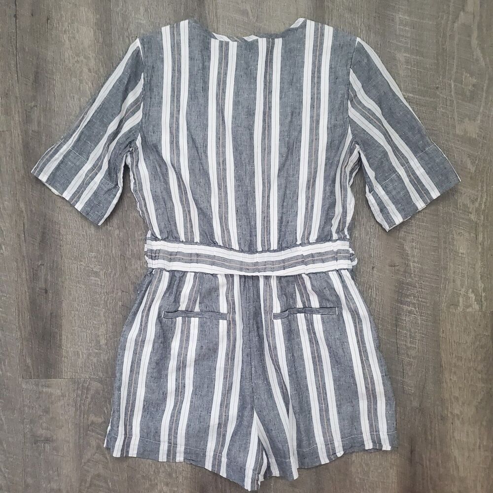 Banana Republic Women's Romper Size 4 Petite Striped Cotton Linen Tie Pockets - Picture 3 of 11